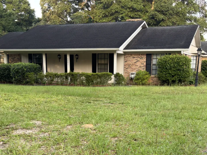 Front lawn of a brick ranch house in Semmes before mowing — tall, shaggy, uneven grass across the whole yard from the street up to the shrubs along the house, under an overcast sky